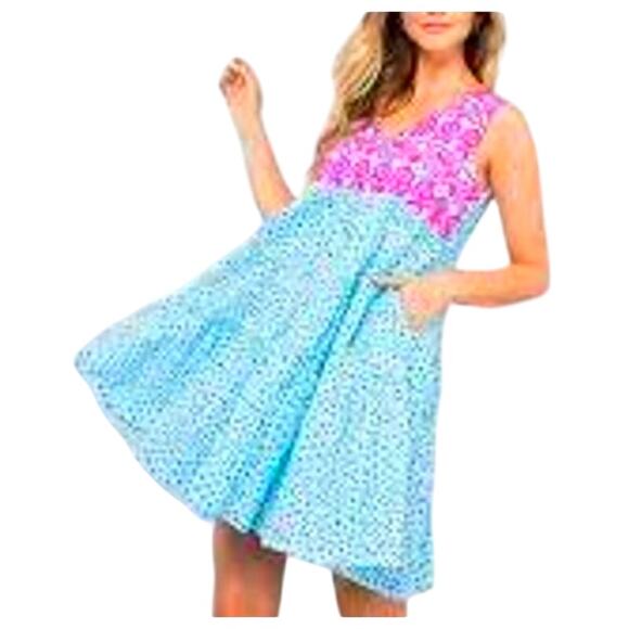THML Anthropologie MEDIUM  Mini Embroidered Pink Blue Floral Mini Dress EUC - Picture 1 of 4